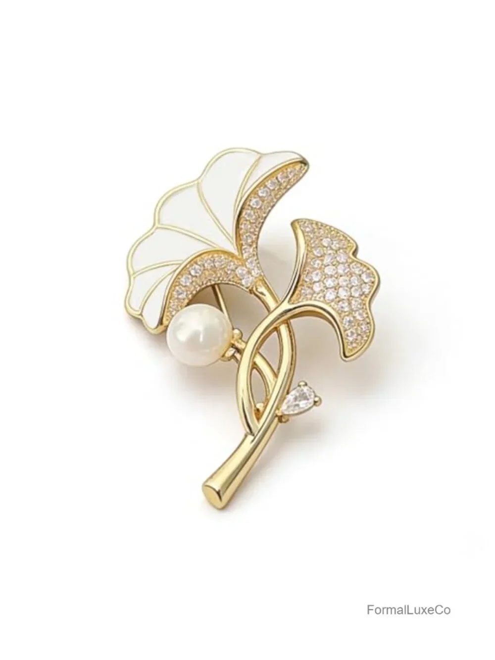 Ginkgo Leaf Brooch Pin Women Brass Gold Plated Lapel Pin Enamel CZ Pearl